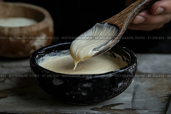 Artisan preparing smooth batter in traditional kitchen setting at dusk. Умелый мастер замешивает кремообразное тесто деревянной ложкой на кухне в деревенском стиле. Мягкая текстура и естественное освещение создают теплую и привлекательную атмосферу для приготовления пищи. Стоковое AI-изображение, AI-художник Katsiaryna Repich / Фотобанк Лори
