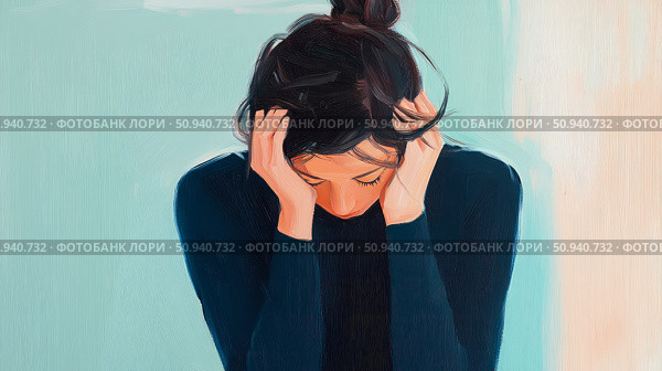 Artistic concept of a portrait depicting a woman with head in hands symbolizing stress, painting in muted colors. Стоковое AI-изображение, AI-художник Данила Большаков / Фотобанк Лори