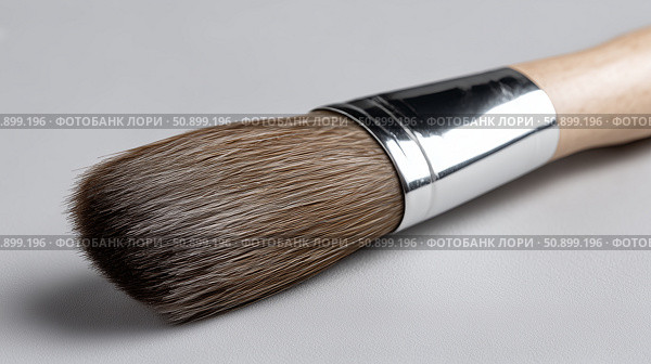Artist's paintbrush resting on gray surface showcasing bristles and handle. Стоковое AI-изображение, AI-художник Katsiaryna Repich / Фотобанк Лори