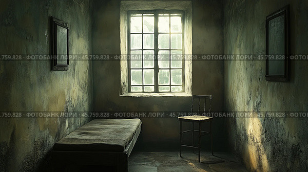 Аскетичная комната с окном. ОДиночная камера.  Старая комната с потрескавшимися и потемневшими стенами, минимальной обстановкой, включающей простую деревянную кровать и старый стул возле окна с металлической решёткой. На стенах висят пустые два темных зеркала или рамы. Свет из окна создает контрастные тени на полу и стенах. Стоковое AI-изображение, AI-художник Анна Чижова / Фотобанк Лори