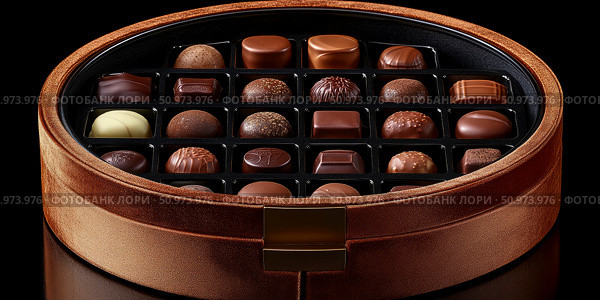 Assortment of Gourmet Chocolates in Elegant Box. Стоковое AI-изображение, AI-художник Данила Большаков / Фотобанк Лори