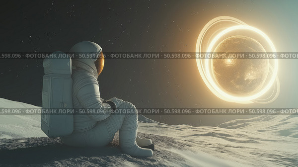 Astronaut gazes at distant sun while sitting on lunar surface during a serene moment in space. Стоковое AI-изображение, AI-художник Михаил Коханчиков / Фотобанк Лори