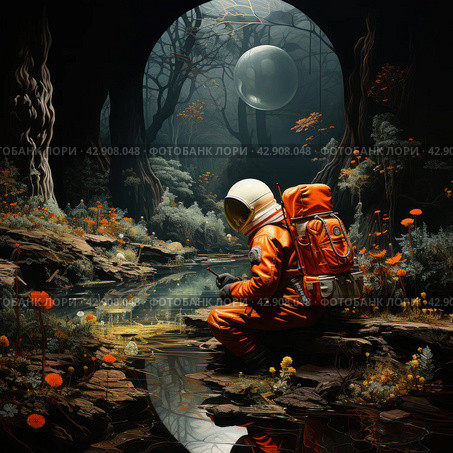 Astronaut in an orange spacesuit sitting on a stone near a pond in a mysterious forest. In the background rises a huge transparent dome, in which vague figures and structures are visible, reminiscent of the insides of an orbital station or biosphere. Around the astronaut there is a forest with exotic vegetation and strange creatures, creating the feeling of an alien world. Стоковое AI-изображение, AI-художник Анна Кривицкая / Фотобанк Лори