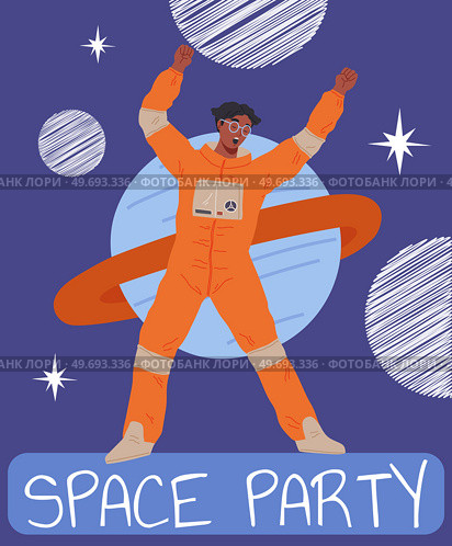 Astronaut travels in intergalactic space. Man in space suit flies in solar system. Fantastic transport of explorer in space. Spaceman flying among planets and stars. Space party banner concept. Astronaut travels in intergalactic space. Man in space suit flies in solar system fantastic explorer. Стоковая иллюстрация, агентство Ingram Publishing / Фотобанк Лори