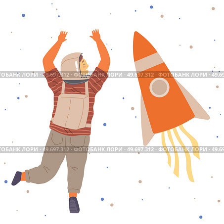 Astronaut travels in intergalactic space. Man on spaceship flies in solar system. Fantastic transport of explorer in space. Spaceman flying among rocket and stars. Sky landscape with celestial objects. Astronaut travels in intergalactic space. Man, spaceman on spaceship flies among rocket and stars. Стоковая иллюстрация, агентство Ingram Publishing / Фотобанк Лори