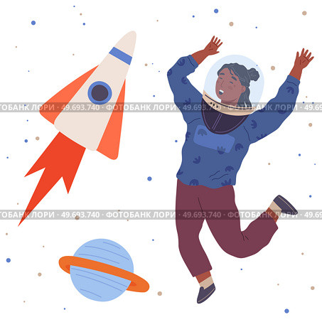 Astronaut woman with jet backpack. Lady dressed as astronaut at costume party. Outfit for holiday in cosmic style. Girl with self made jetpack flying to sky. Person in costume of space explorer. Girl with self made jetpack flying to sky. Lady dressed in astronaut, space explorer costume. Стоковая иллюстрация, агентство Ingram Publishing / Фотобанк Лори