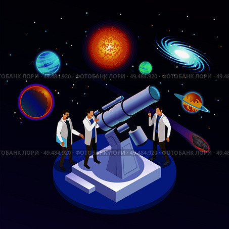 Astrophysics round isometric composition with astronomers observing planets meteorites galaxies with optical telescope starry background vector illustration. Стоковая иллюстрация, агентство Ingram Publishing / Фотобанк Лори