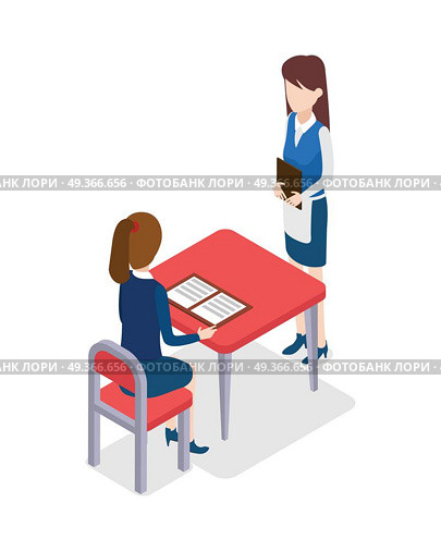 At Restaurant. Waitress in Uniform Taking Oder. Female waiter in special clothes with notebook standing near table and taking customer order at restaurant. Woman with brown hair sitting at red table and looking through menu. Flat design. Vector. Стоковая иллюстрация, агентство Ingram Publishing / Фотобанк Лори