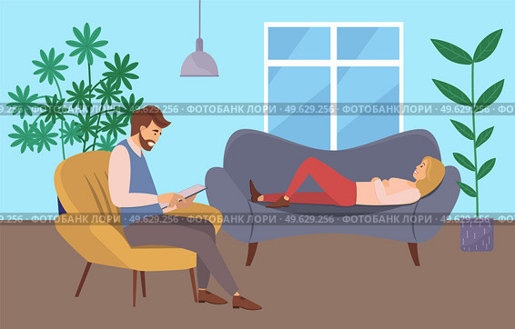 At the reception of a psychotherapist. A woman is lying on a couch in a psychologist s office male psychiatrist sits opposite and takes notes, helps to solve personal problems and overcome fears. At the reception of a psychotherapist. A woman is lying on a couch in a psychologist s office. Стоковая иллюстрация, агентство Ingram Publishing / Фотобанк Лори