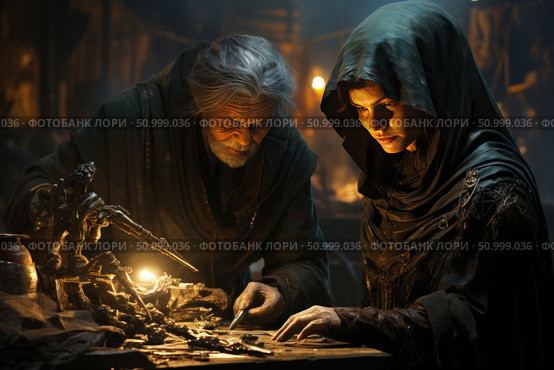 Atmospheric fantasy scene with two characters in dark cloaks and hoods. An elderly sage teaches a young woman a craft or magical art by the light of a dim lamp. Around are ancient tools, mysterious artifacts and a mysterious setting. The illustration conveys a sense of mystery, transfer of knowledge and craftsmanship. Suitable for themes: fantasy, magic, training, alchemy, mysticism, medieval inspiration. Стоковое AI-изображение, AI-художник Анна Кривицкая / Фотобанк Лори