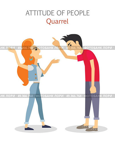 Attitude of People. Quarrel. Choleric Temperament. Attitude of people. Quarrel. Choleric type of human temperament vector. Flat Design. Woman and man emotionality arguing. People personality reactions and problems. For psychological tests illustrating. Стоковая иллюстрация, агентство Ingram Publishing / Фотобанк Лори