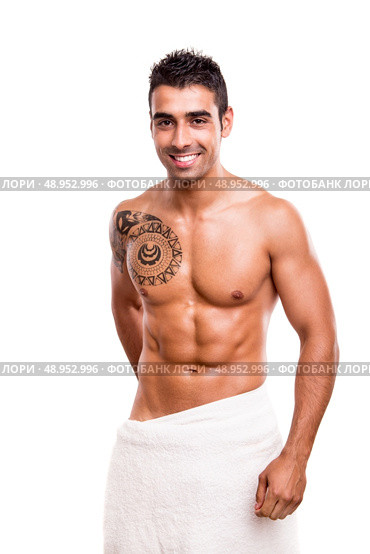 Attractive man posing with a white towel. Стоковое фото, агентство Ingram Publishing / Фотобанк Лори