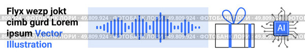 Audio waveform, gift box with ribbon, and AI chip with integrated circuits in blue gradient. Ideal for technology content, AI, machine learning, digital gifts, innovation, celebrations sound design. Audio Waves, Wrapped Gift Box, and AI Chip in Blue Gradient Themed for Technology and Celebration. Стоковая иллюстрация, агентство Ingram Publishing / Фотобанк Лори