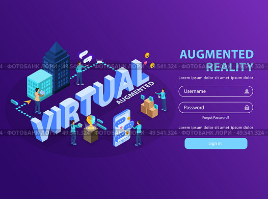 Augmented reality site users visualizing information creating smartphone virtual screens isometric landing page purple background vector illustration. Стоковая иллюстрация, агентство Ingram Publishing / Фотобанк Лори