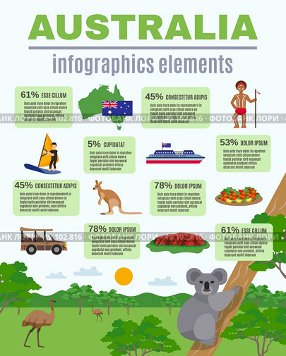 Australia Infographics Elements. Australia infographics elements with landscape and statistics of travel visits vector illustration . Стоковая иллюстрация, агентство Ingram Publishing / Фотобанк Лори