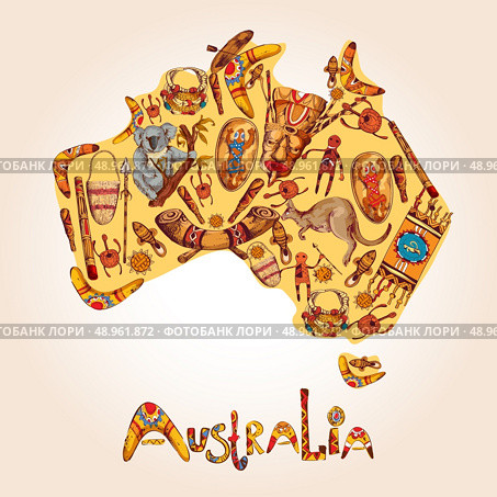 Australia native aboriginal tribal ethnic colored sketch symbols in australian continent shape vector illustration. Стоковая иллюстрация, агентство Ingram Publishing / Фотобанк Лори