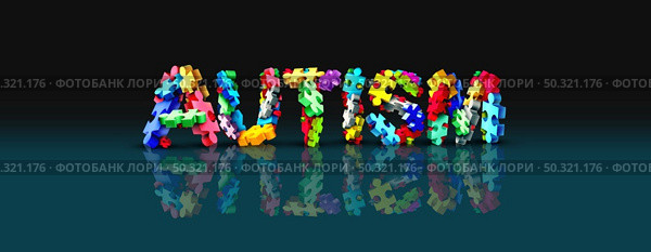 Autistic developmental education and autism disorder puzzle text representing children sand child special learning icon as jigsaw pieces coming together to form text as a 3D illustration on a black background. Стоковое фото, агентство Ingram Publishing / Фотобанк Лори