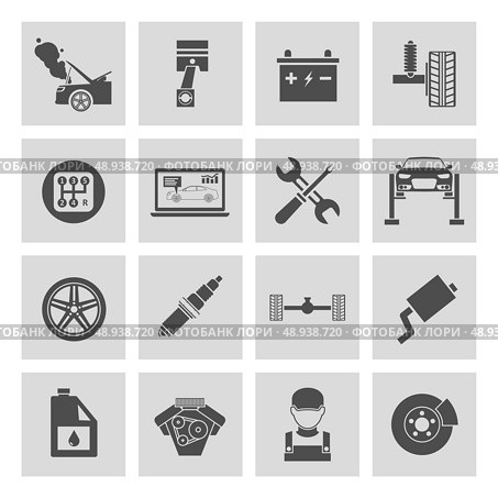 Auto car service icons set of battery tires wheel engine brake repair isolated vector illustration. Стоковая иллюстрация, агентство Ingram Publishing / Фотобанк Лори
