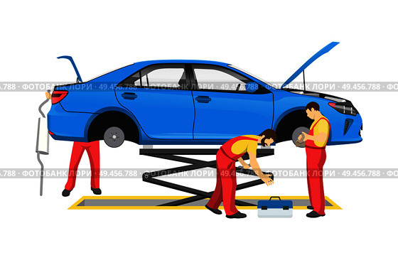 Auto mechanics lifted blue car without tyres people working on fixing vehicle surrounding transport man holding tool isolated on vector illustration. Auto Mechanics and Lifted Car Vector Illustration. Стоковая иллюстрация, агентство Ingram Publishing / Фотобанк Лори