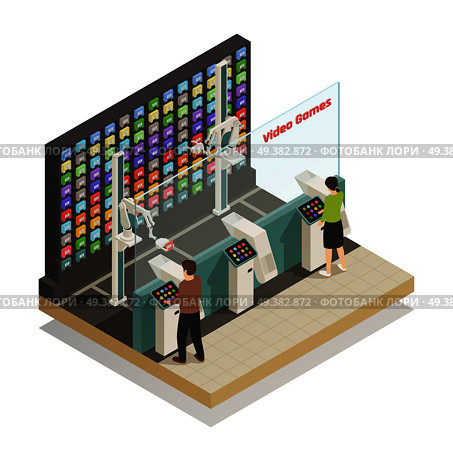 Automated self-service technologies in video games shop isometric composition with robotic helper assisting customers vector illustration . Shopping Robotic Technologies Isometric Composition . Стоковая иллюстрация, агентство Ingram Publishing / Фотобанк Лори