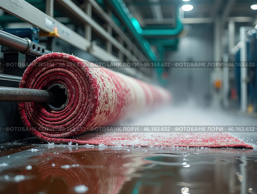 Automatic washing and cleaning of carpets. Industrial line for washing carpets. Стоковое AI-изображение, AI-художник Евгений Ткачёв / Фотобанк Лори