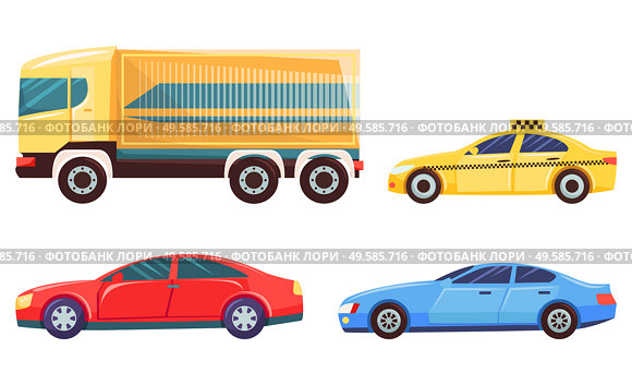 Automobiles set vector, isolated cars in city. Vehicles of big and small size, taxi and delivery lorry with container. Shipping and public service illustration in flat style design for web, print. Transport in City, Car and Lorry Delivery Taxi. Стоковая иллюстрация, агентство Ingram Publishing / Фотобанк Лори