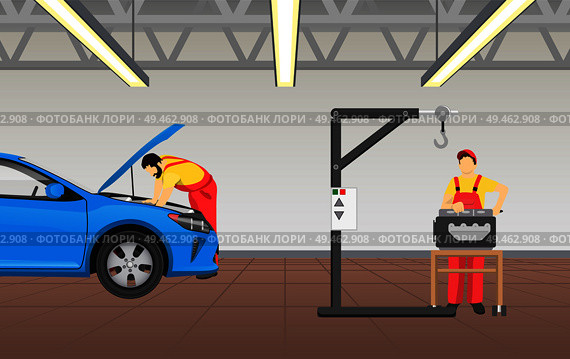 Automotive technician at work man wearing special suit standing by box with tools, male repairing automobile in enlightened garage vector illustration. Automotive Technician at Work Vector Illustration. Стоковая иллюстрация, агентство Ingram Publishing / Фотобанк Лори