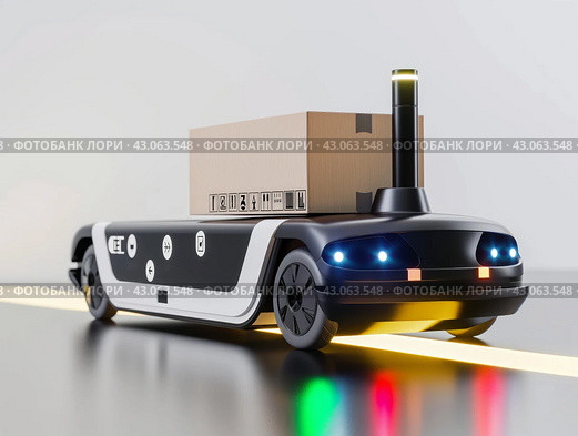 Autonomous Delivery Robot with Package. Стоковое AI-изображение, AI-художник Кирилл Черезов / Фотобанк Лори