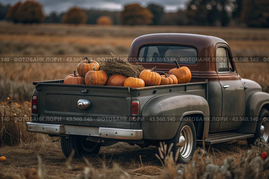 Autumn, autumn design. A large harvest of pumpkins on the back seat of a retro pickup truck, close-up. Стоковое AI-изображение, AI-художник Photojuli / Фотобанк Лори