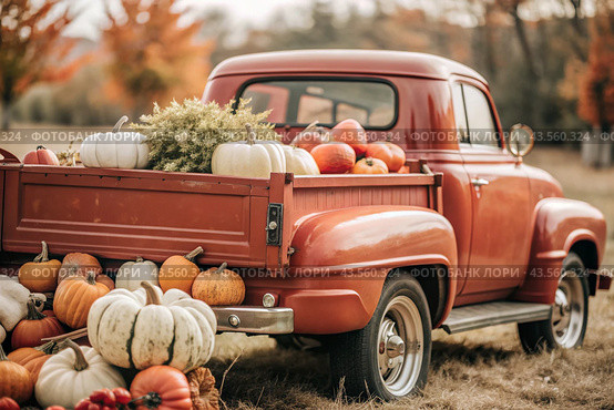 Autumn, autumn design. A large harvest of pumpkins on the back seat of a retro pickup truck, close-up. Стоковое AI-изображение, AI-художник Photojuli / Фотобанк Лори