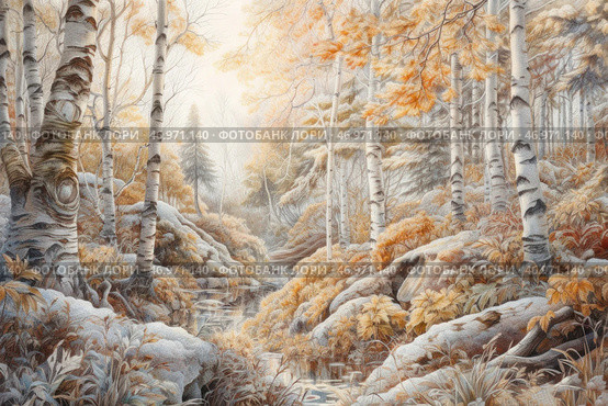 Autumn forest with birch trees covered with the first frosts. The golden leaves of the trees contrast with the light frost covering the grass and stones. A narrow river flows among the rocky banks, reflecting the soft light of an autumn day. The background is made in muted pastel colors, creating a feeling of silence, comfort and natural harmony. The composition resembles a classic painting illustration, filled with details, natural texture and an atmosphere of calm. Стоковое AI-изображение, AI-художник Анна Кривицкая / Фотобанк Лори
