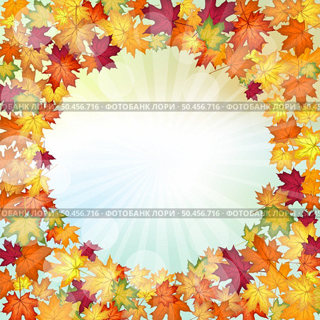 Autumn frame with blowing maple leaves over fall vanilla sky background with sunlight rays and glows. Elegant warm autumn leaf design. Vector illustration. Стоковая иллюстрация, агентство Ingram Publishing / Фотобанк Лори