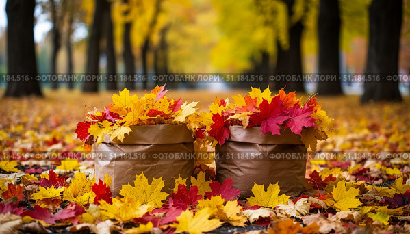 Autumn leaves in bags against forest background. Стоковое AI-изображение, AI-художник Гузель Набиуллина / Фотобанк Лори