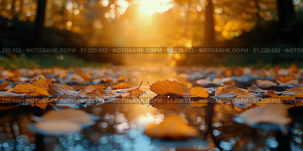 Autumn Leaves Reflect in Water During Sunset in a Serene Forest. Стоковое AI-изображение, AI-художник Юлия Гапеенко / Фотобанк Лори