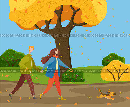 Autumn park, yellow trees, bushes, falling leaves, young warmly dressed couple walking cheerful little dog on leash. Happy pet. Woman and man are holding hands. Family in various weather conditions. People walk dog on leash, autumn park or countryside, fall leaves, yellow trees, bushes. Autumn time. Стоковая иллюстрация, агентство Ingram Publishing / Фотобанк Лори