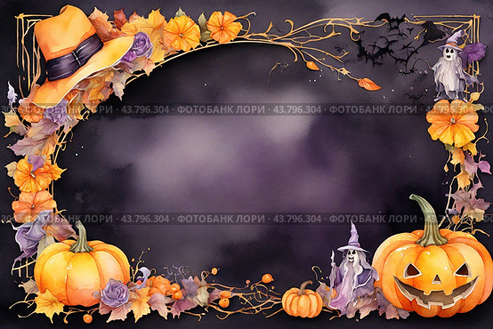 Autumn poster made of pumpkins, hats and Halloween attributes with copy space. Стоковое AI-изображение, AI-художник Мария Мороз / Фотобанк Лори