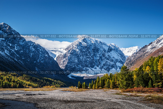 Autumn Valley of the Aktru River, at the foot of the glaciers of the North Chuysky Range. Kosh-Agachsky District, Altai Republic, Russia. Стоковое фото, фотограф Вадим Орлов / Фотобанк Лори