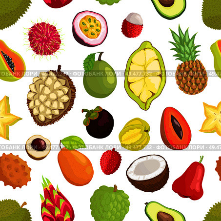 Avocado and cupuacu, salak and kumquat, lychee and bael, papaya and mango, carambola and pineapple, guava vector seamless pattern of tropical fruits. Seamless Pattern of Tropica Fruits Avocado and Cupuacu. Стоковая иллюстрация, агентство Ingram Publishing / Фотобанк Лори