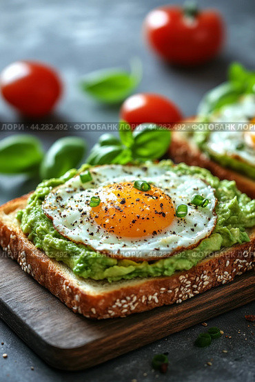 Avocado toast with fried eggs and cherry tomatoes on marble table. Стоковое AI-изображение, AI-художник Юлия Гапеенко / Фотобанк Лори