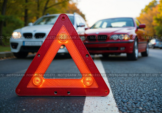 Автомобильная авария на дороге и знак аварийной остановки. A car accident on the road and an emergency stop sign. Стоковое AI-изображение, AI-художник Смирнова Светлана / Фотобанк Лори