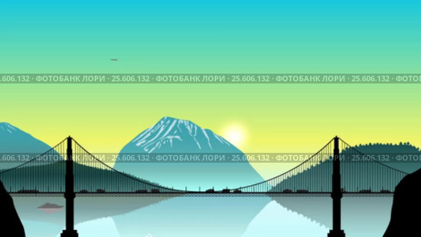 Автомобильный трафик по мосту на фоне горного пейзажа. Стоковая анимация, аниматор Миронов Алексей / Фотобанк Лори