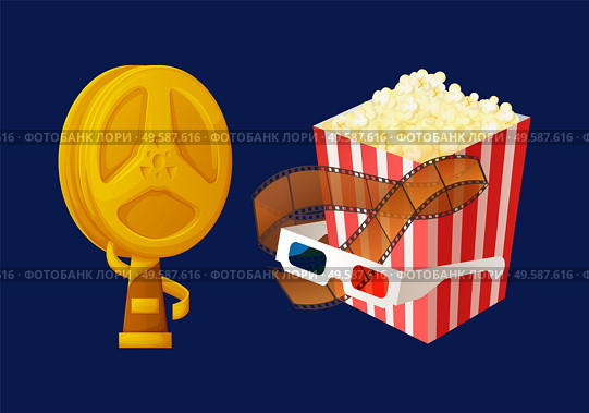 Award prize in shape of bobbin vector, movie trophy for producer and best actor flat style. Popcorn in package, glasses for 3d films watching cinema. Gold Award in Form of Bobbin, Popcorn and Glasses. Стоковая иллюстрация, агентство Ingram Publishing / Фотобанк Лори