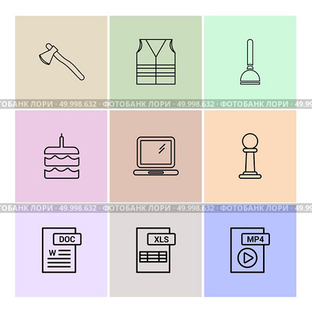 Axe , safety jacket , pump , cake , word document , laptop , mp4 file , pole ,excel file , icon, vector, design,  flat,  collection, style, creative,  icons. Стоковая иллюстрация, агентство Ingram Publishing / Фотобанк Лори