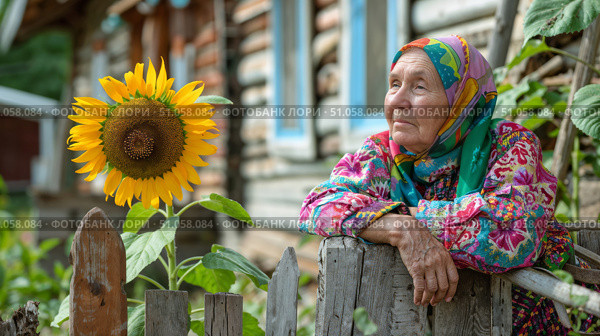 Бабушка стоит у забора около своего дома в деревне. Grandmother is standing by the fence outside her house in the village. Стоковое AI-изображение, AI-художник Смирнова Светлана / Фотобанк Лори