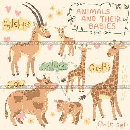 Baby and Mommy Animal Set - for design and scrapbook. Vector illustration. Стоковая иллюстрация, агентство Ingram Publishing / Фотобанк Лори
