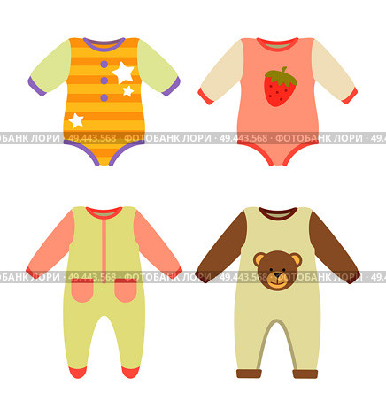 Baby clothes jumpers set, stretchie collection, baby clothes with prints of stars, strawberry and teddy bear, stripes and pockets vector illustration. Baby Clothes Jumpers Set, Vector Illustration. Стоковая иллюстрация, агентство Ingram Publishing / Фотобанк Лори