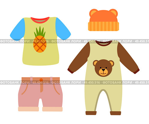 Baby clothes, set of t-shirt with pineapple print and hat with ears, romper with teddy bear and shorts, baby clothes, isolated on vector illustration. Baby Clothes T-shirt and Hat Vector Illustration. Стоковая иллюстрация, агентство Ingram Publishing / Фотобанк Лори