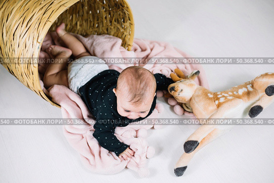 baby crawling out basket. Стоковое фото, агентство Ingram Publishing / Фотобанк Лори