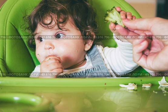 Baby eating food in her green highchair. Стоковое фото, агентство Ingram Publishing / Фотобанк Лори
