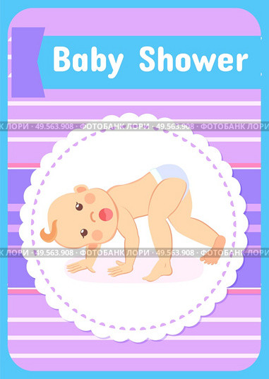 Baby shower greeting card, six or seven month kids milestones, standing on all fours, newborn toddler in diaper. Vector infant with open mouth, begins to crawl. Milestones Baby Begin to Crawl Stands on All Fours. Стоковая иллюстрация, агентство Ingram Publishing / Фотобанк Лори